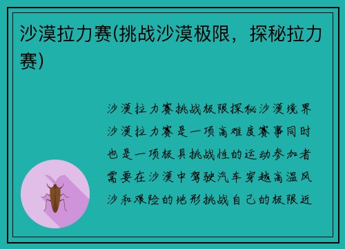 沙漠拉力赛(挑战沙漠极限，探秘拉力赛)