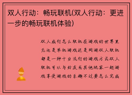 双人行动：畅玩联机(双人行动：更进一步的畅玩联机体验)